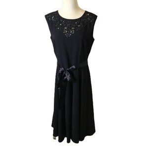 Tahari Arthur‎ S. Levine Navy Cocktail Satin Ribbon Belt Dress Size 8 Sleeveless